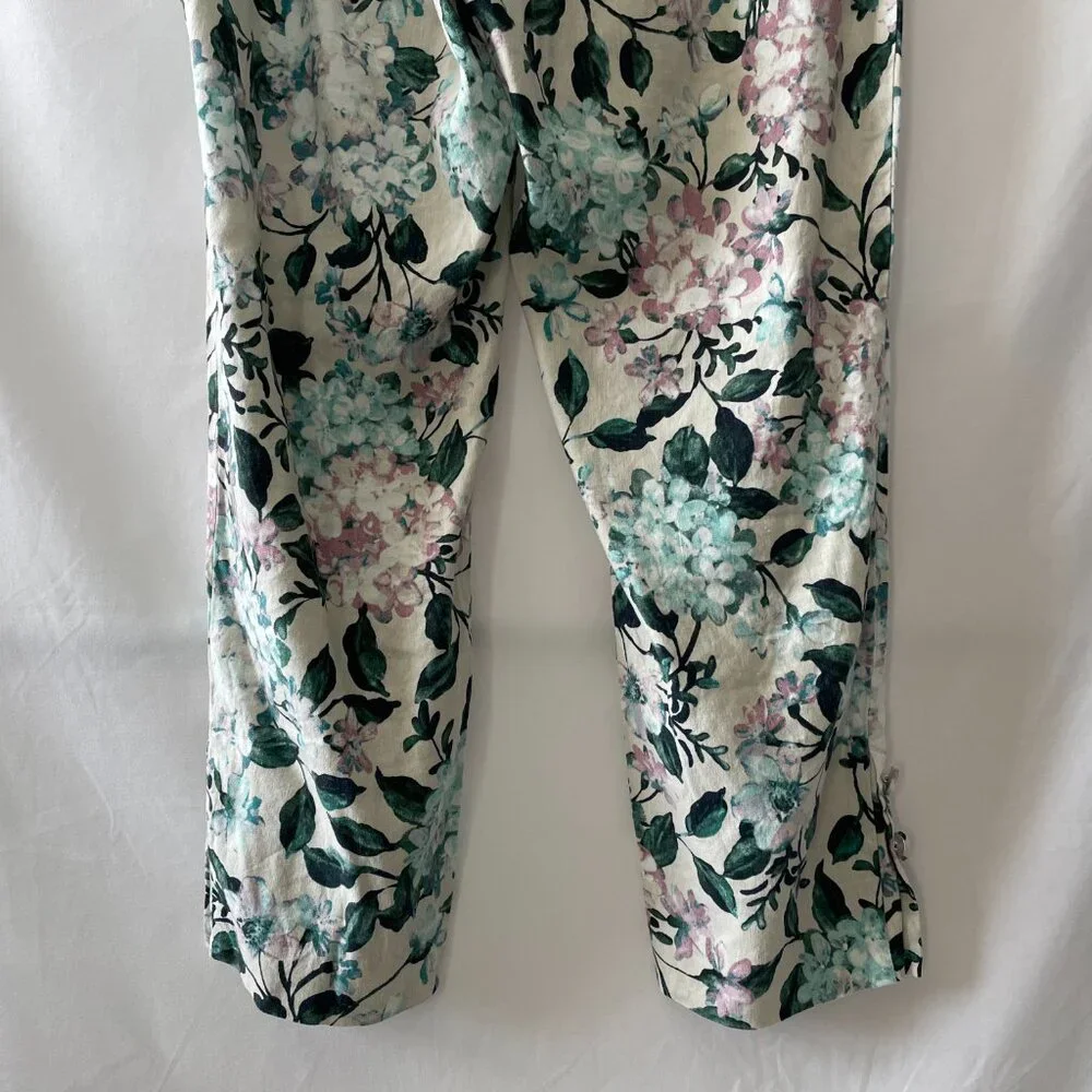 J. Jill Womens Ivory Mid Rise Floral Linen Stretch Button Hem Ankle Pant Size M